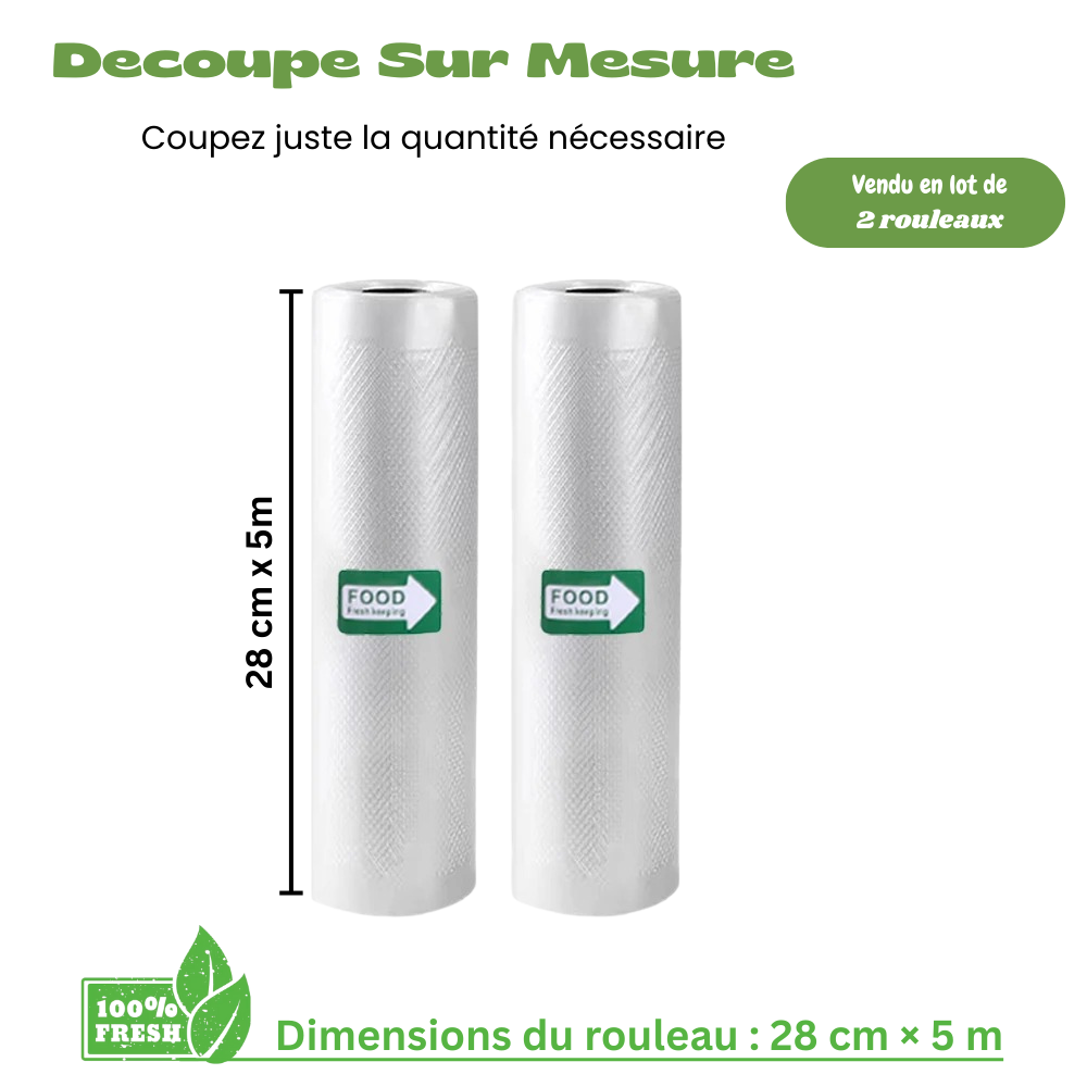 Sacs sous vide alimentaires – Pack de 2 rouleaux 28 cm × 500 cm (5M) , compatibles appareils sous vide