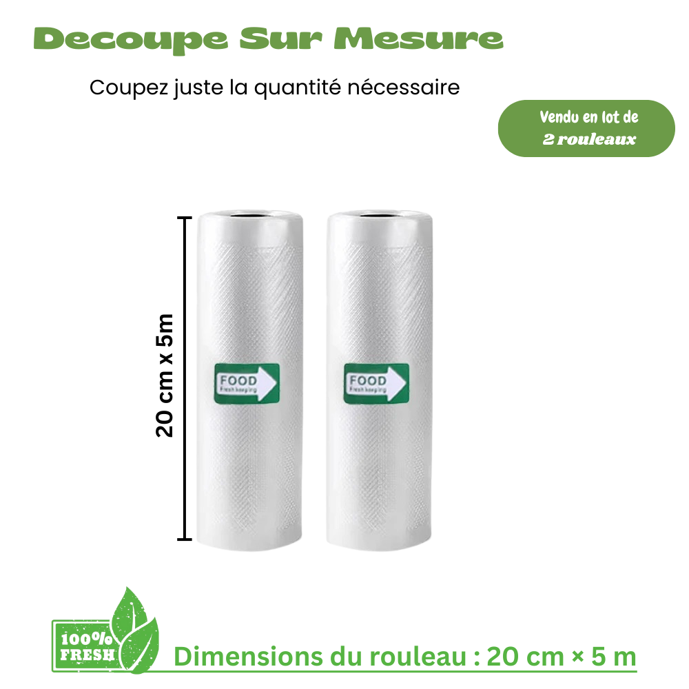 Sacs sous vide alimentaires – Pack de 2 rouleaux 20 cm × 500 cm (5M) , compatibles appareils sous vide